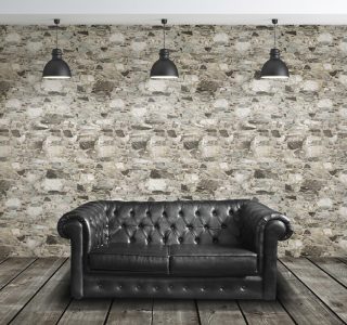 leather sofa in brick room and three lamps